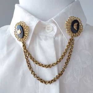 Vintage Victorian collar pins chain, bronze gold black collar pins, cat, moon & sun colar pin chain, Steampunk collar pins, cloak brooch. image 10