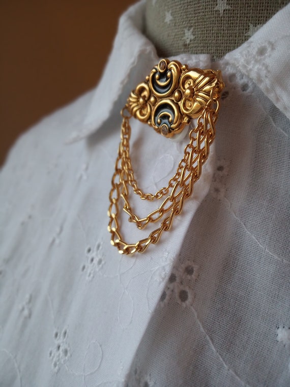 Vintage Retro Victorian Rhinestone /& Faux Pearl Dangle Collar Brooch