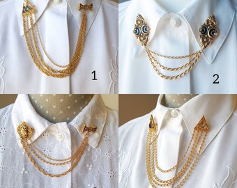 Gold sweater clips, 80s Unused cardigan clip, collar clip chain, gold collar clips, collar brooch, vintage collar pins chain, shirt pins.