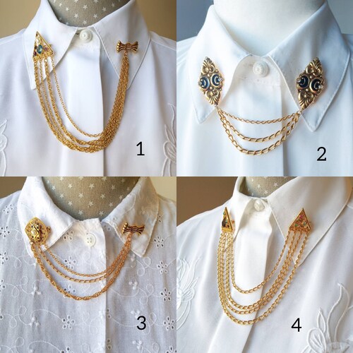Gold sweater clips, 80s Unused cardigan clip, collar clip chain, gold collar clips, collar brooch, vintage collar pins chain, shirt pins.