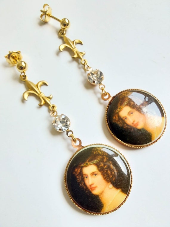 40s lady picture cameo  earrings, long stud dangl… - image 6