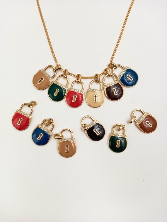 UNUSED 80s VINTAGE padlock necklace, 24k gold ena… - image 3