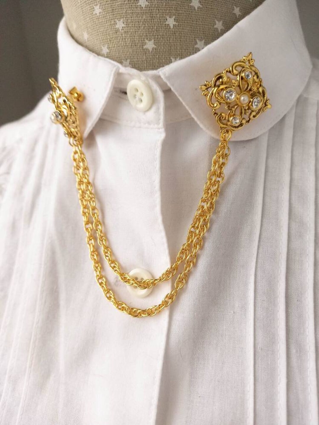 Vintage Collar Pins Chain, N.O.S. 80s Victorian Black Gold Collar Pin