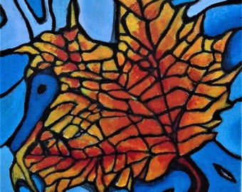 Maple Leaf Painting, Mosaic style painting, Acrylic, Blue and orange, Abstract art, Original art, madislandartist, Diane Marie,Free shipping