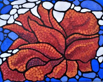 Red Flower Painting, Red Myrtle, Mosaic painting, acrylic on canvas, Original art, madislandartist, Diane Marie, FREE SHIPPING