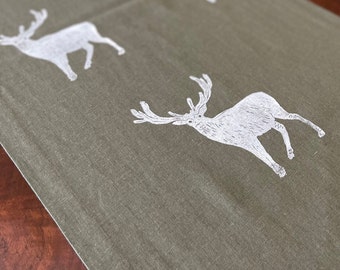 Deer Hand Printed Linen Table Runner, Deer Table Decor, Dresser Scarf Runner, Handmade Table Linen, Farmhouse Rustic Decor, Woodland Decor