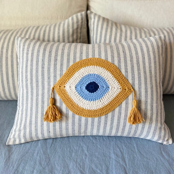 Evil Eye Pillow Cover, Lumbar Boho Pillow, Evil Eye Protection, Good Luck Gift, Stripe Lumbar Pillow, Evil Eye Decor for The Home