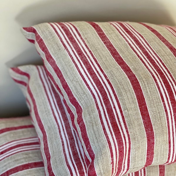 Red Grain Sack Pillow Cover, Feed Sack Stripe Ticking, Vintage Pillow, Antique Pillow, Farmhouse Pillow Case, Rustic Country Decor