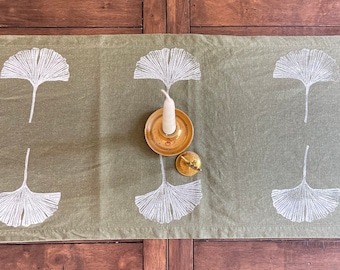 White Gingko Hand Block Printed Table Runner, Linen Table Runner, Boho Table Decoration, Linen Table Cloth, Block Printed Table Linen