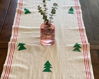 Pine Tree Hand Printed Table Runner, Cabin Woodland Decor, Lodge Decor, Block Printed Table Runner, Cozy Home Decor, Housewarming Gift