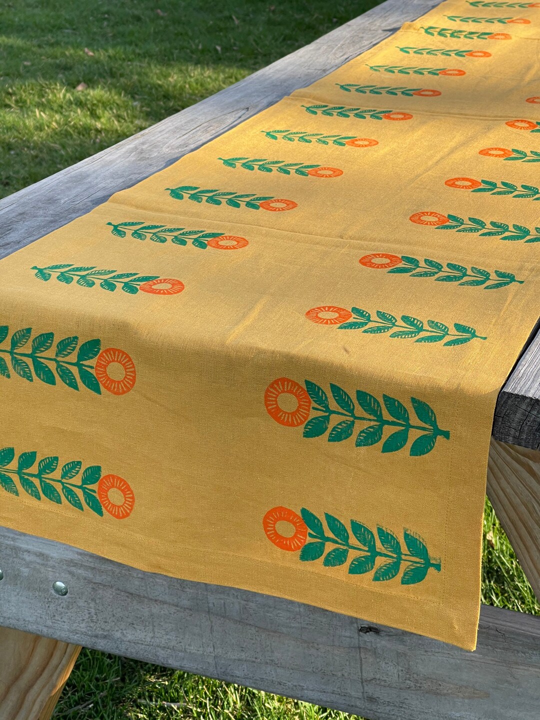 Mustard Yellow Linen Table Runner Orange Flowers Hand Printed, Boho