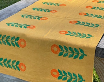 Mustard Yellow Linen Table Runner Orange Flowers Hand Printed, Boho Linen Table Cloth, Farmhouse Rustic Home Decor Table Centerpiece