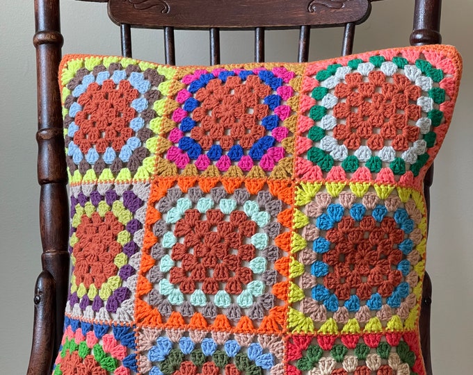 Colorful Granny Square Crochet Pillow Cover, Crochet Cushion Cover, Decorative Pillow, Knitted