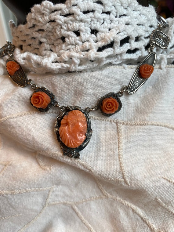 Sterling Coral Necklace Cameo Antique Art Deco - image 2