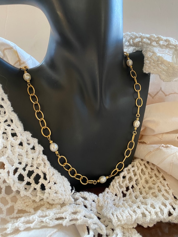 Gold Vermeil Pearl and Chain Link Neckace