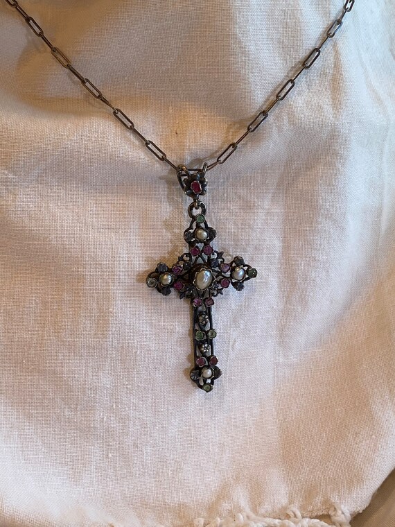 Austro-Hungarian Authentic Multi-Gem Cross Pendan… - image 2
