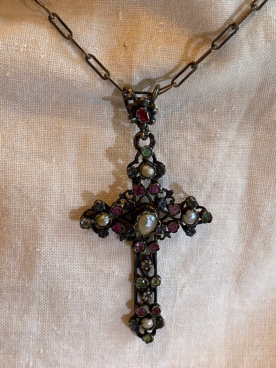Austro-Hungarian Authentic Multi-Gem Cross Pendan… - image 3
