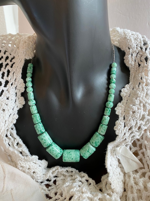 Vintage Peking Glass Necklace Mottled Turquoise/G… - image 1