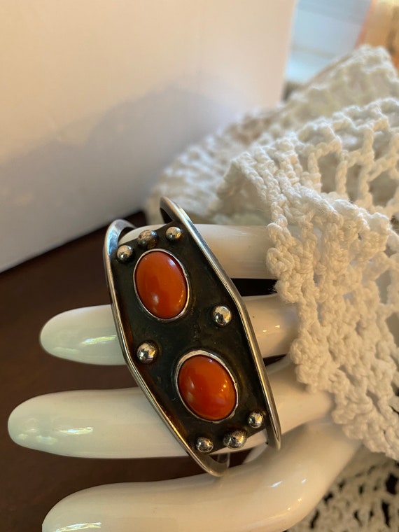 Sterling Coral Native American Bracelet - image 2