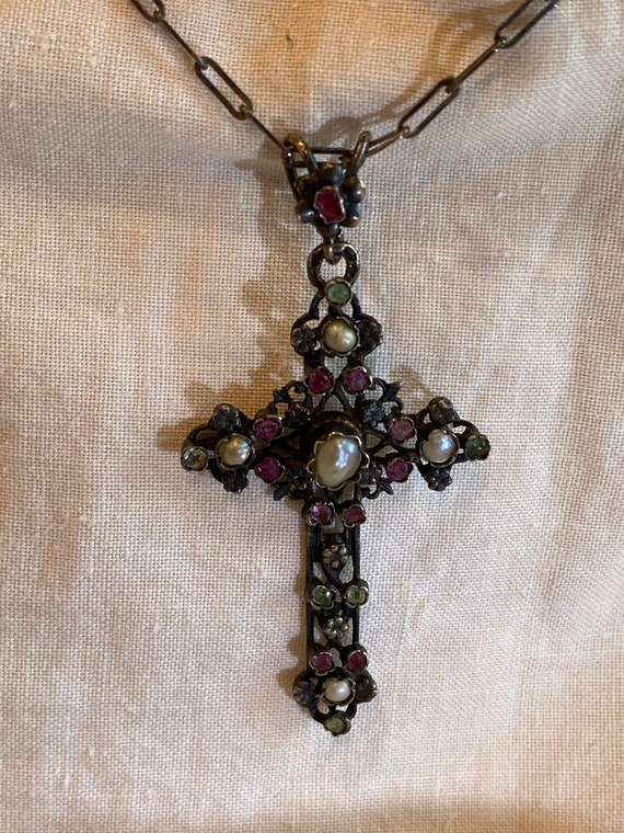 Austro-Hungarian Authentic Multi-Gem Cross Pendan… - image 1
