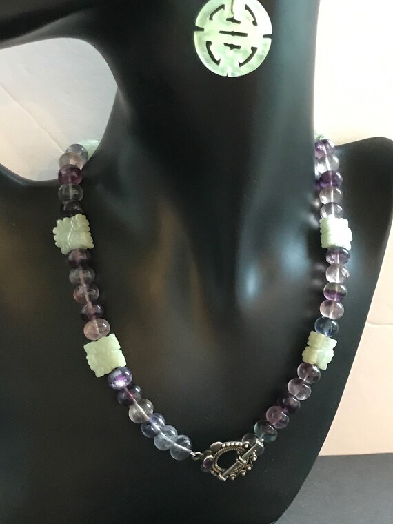 Sterling Necklace Carved Jade and Fluorite Beads 