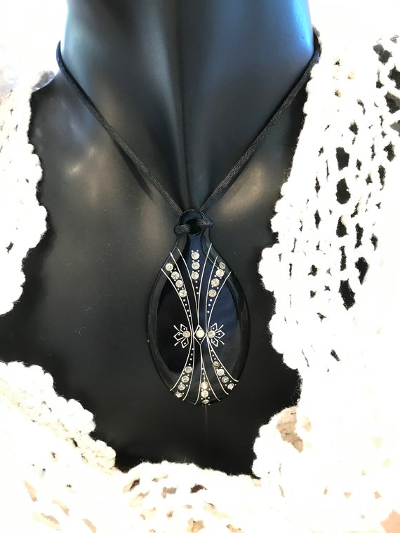 Lucite and Crystal Pendant on Silk Cord (Sale Pri… - image 1