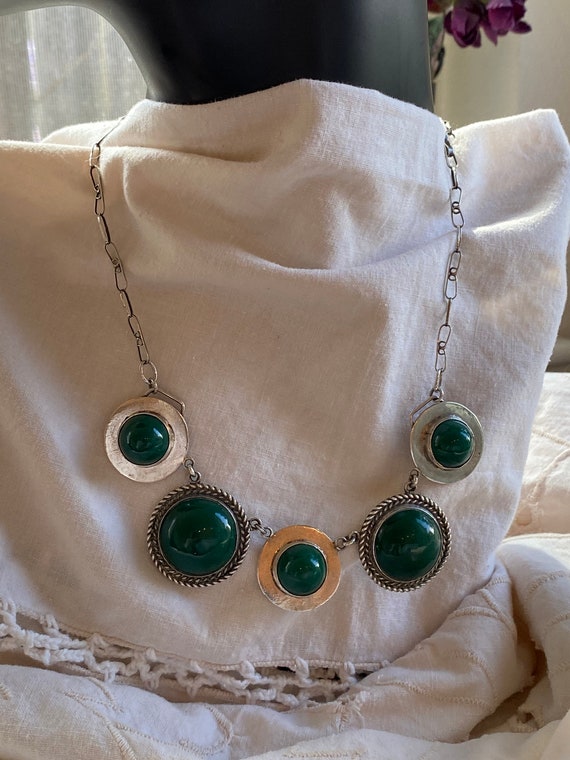 Sterling Green Onyx Disc Necklace Antique Fabulous