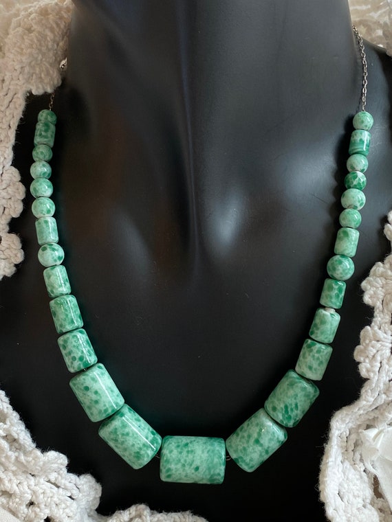 Vintage Peking Glass Necklace Mottled Turquoise/G… - image 7