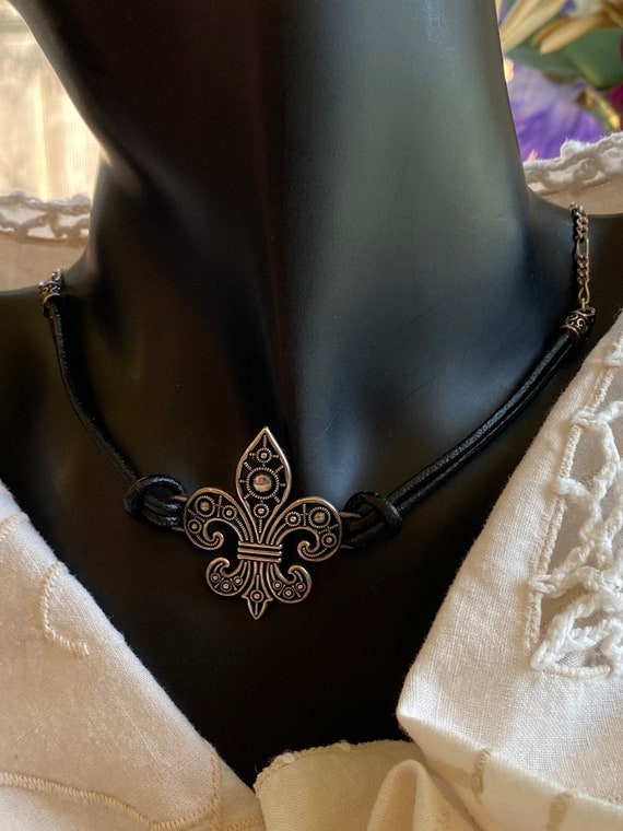 Sterling Leather Choker Fleur- de- lis