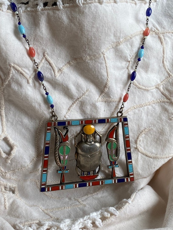 Egyptian Revival Necklace Silver Enamel Antique