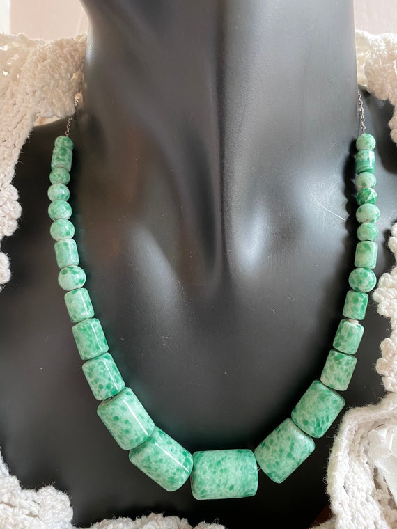 Vintage Peking Glass Necklace Mottled Turquoise/G… - image 6