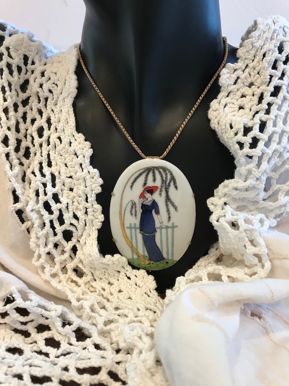 Porcelain Woman Figure Pendant Necklace