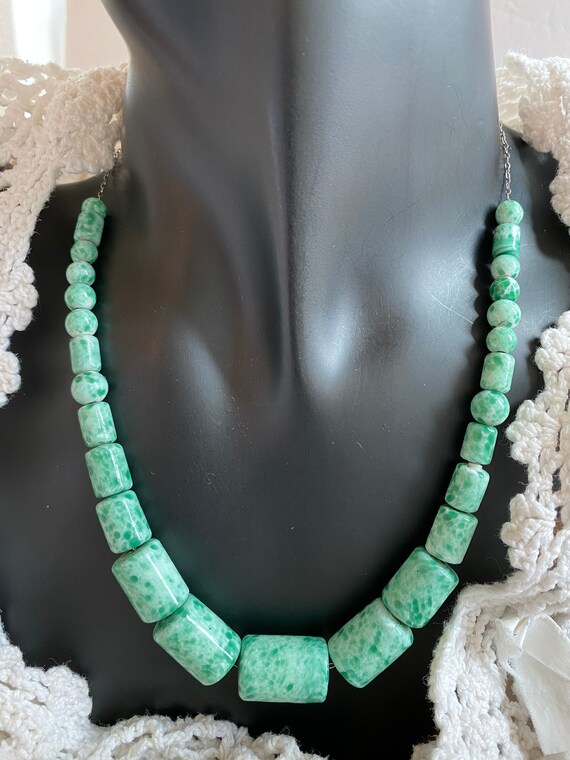 Vintage Peking Glass Necklace Mottled Turquoise/G… - image 5