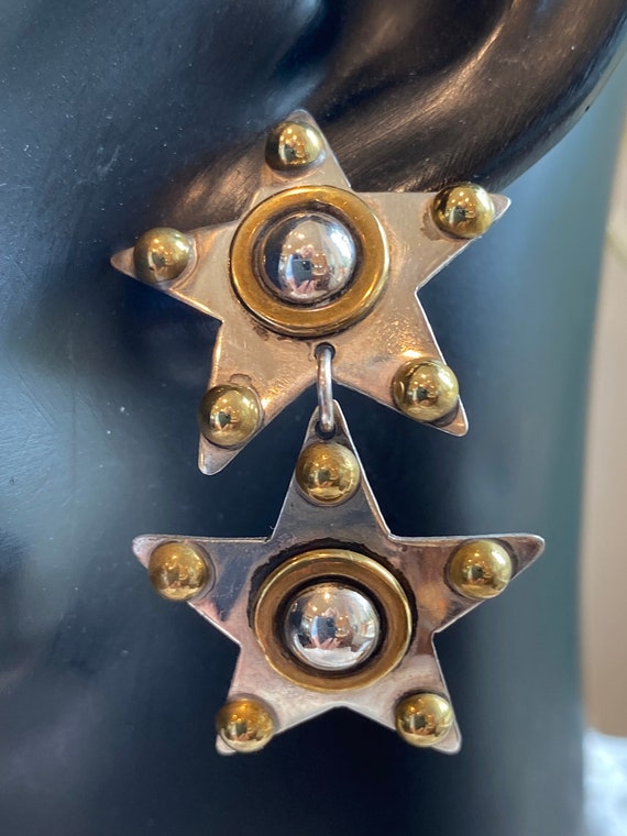 Star Earrings Mixed Metal Signed Mexican