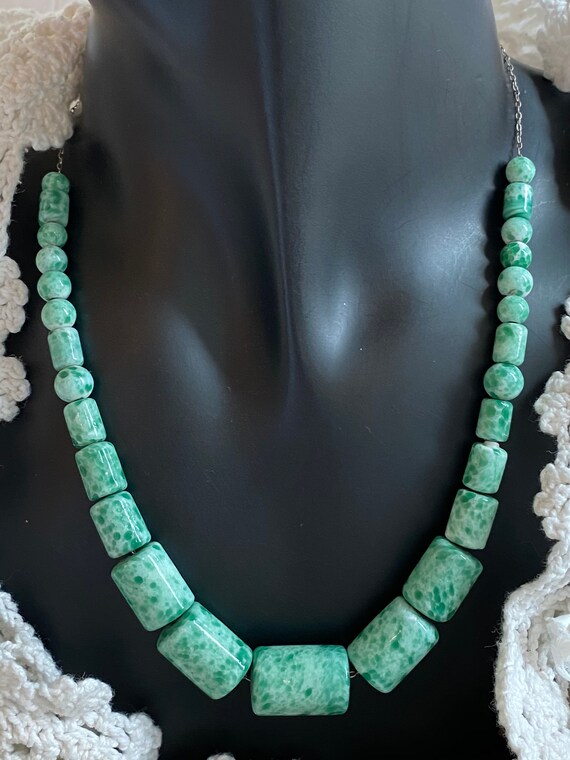 Vintage Peking Glass Necklace Mottled Turquoise/G… - image 3