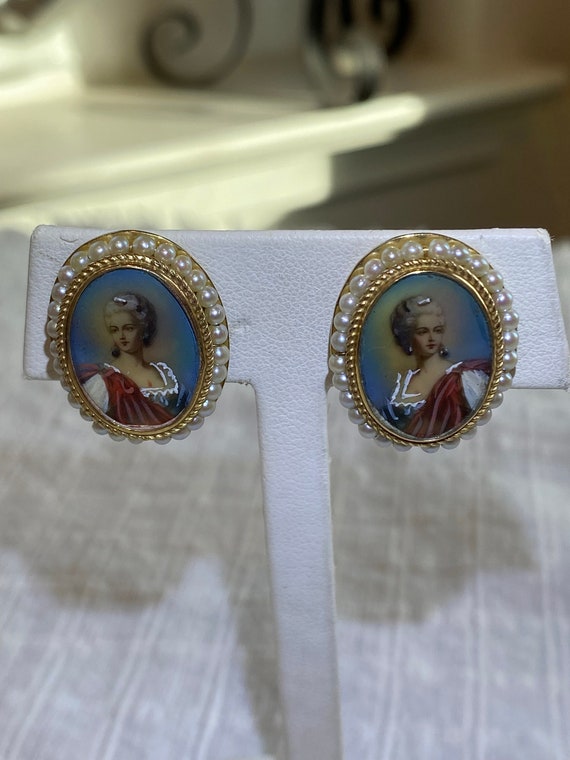 14K Victorian Portrait Earrings Seed Pearl Enamel