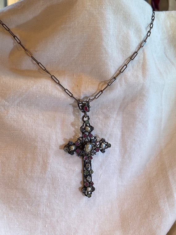 Austro-Hungarian Authentic Multi-Gem Cross Pendan… - image 4
