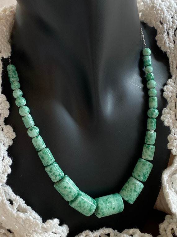 Vintage Peking Glass Necklace Mottled Turquoise/G… - image 2