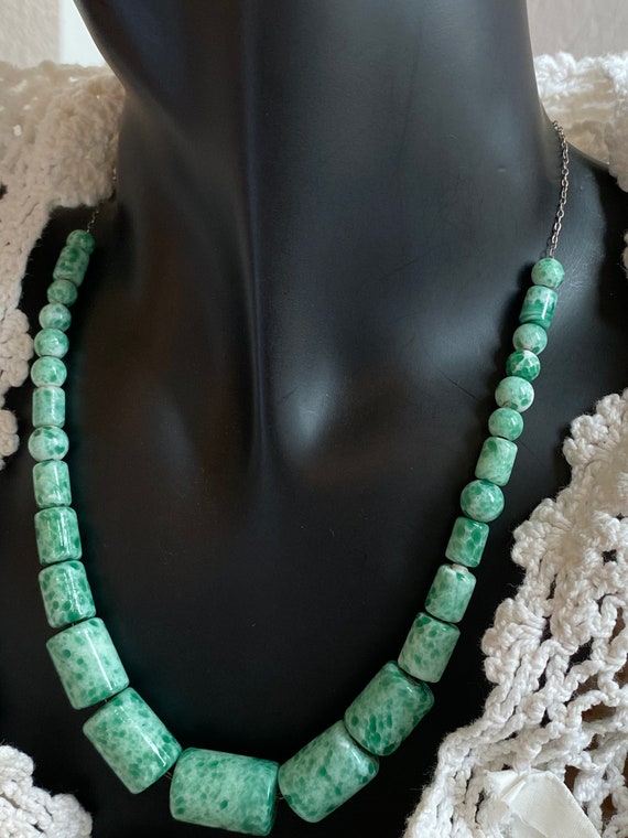 Vintage Peking Glass Necklace Mottled Turquoise/G… - image 4