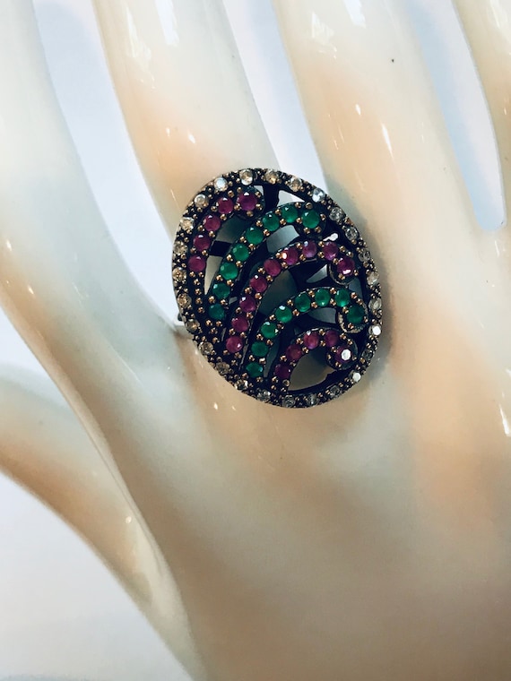 Sterling Ring Enhanced Ruby and Emerald