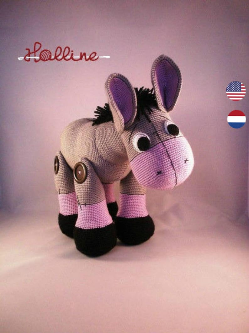 PDF pattern Poncho the Donkey, English and Dutch, amigurumi donkey, donkey pattern, crochet pattern donkey, crochet donkey, farm animal image 1