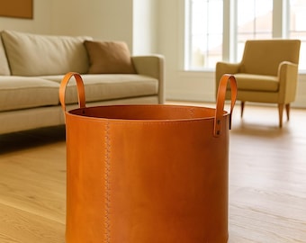 Genuine Leather Floor Basket For Storage Organization - Large Basket For Fireplace Log or Blanket Storage - Laundry Hamper For Home-Decor