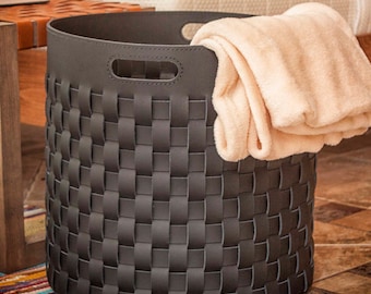 Large leather basket for laundry room or blanket storage Halloween home decor -Woven black leather bin bathroom decor & storage organization