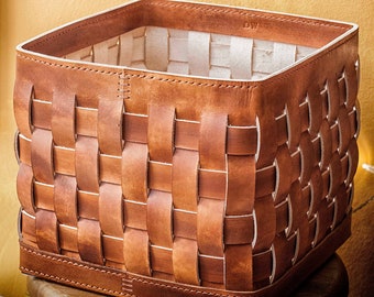 Leather Basket Handwoven Basket Leather Storage Basket 