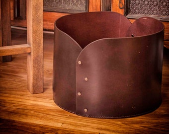 Round leather basket for storage - Handmade leather cushion basket - Genuine leather floor storage bin in custom sizes