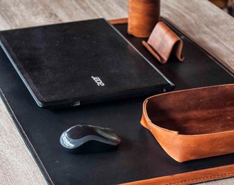 Leather Desk Set, Graduation Gifts For Him, Desk Organizer Leather, Office Accessories For Dad, Desk Pad, Business Card Holder, Valet Tray