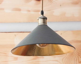 Leather cone pendant light fixtures -  Leather farmhouse lampshade for kitchen island or dining room - Leather industrial lighting