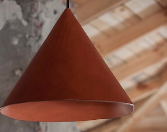 Leather pendant light fixtures for kitchen island - Industrial cone lamp shade in Scandinavian style - Foyer lighting 70s inspired lamps