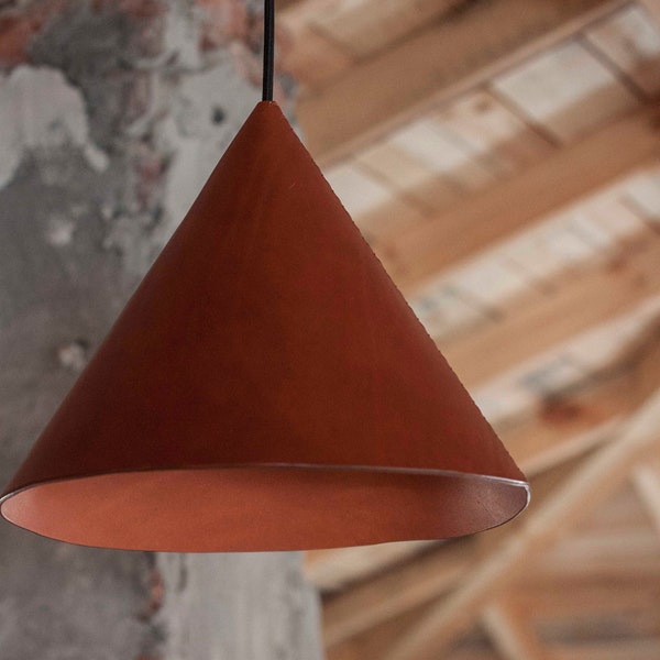 Leather pendant light fixtures for kitchen island - Industrial cone lamp shade in Scandinavian style - Foyer lighting 70s inspired lamps