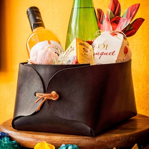 Zwart lederen opbergmand, uniek cadeau voor thuis, lederen opbergbak, fruitmand, zomer hosting decor, leren mand, cadeau foodliefhebber